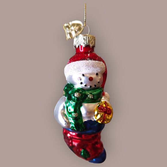 Santa Snowman Christmas Stocking Hand Blown Glass Ornament Thomas Pacconi 2002 - Picture 4 of 10